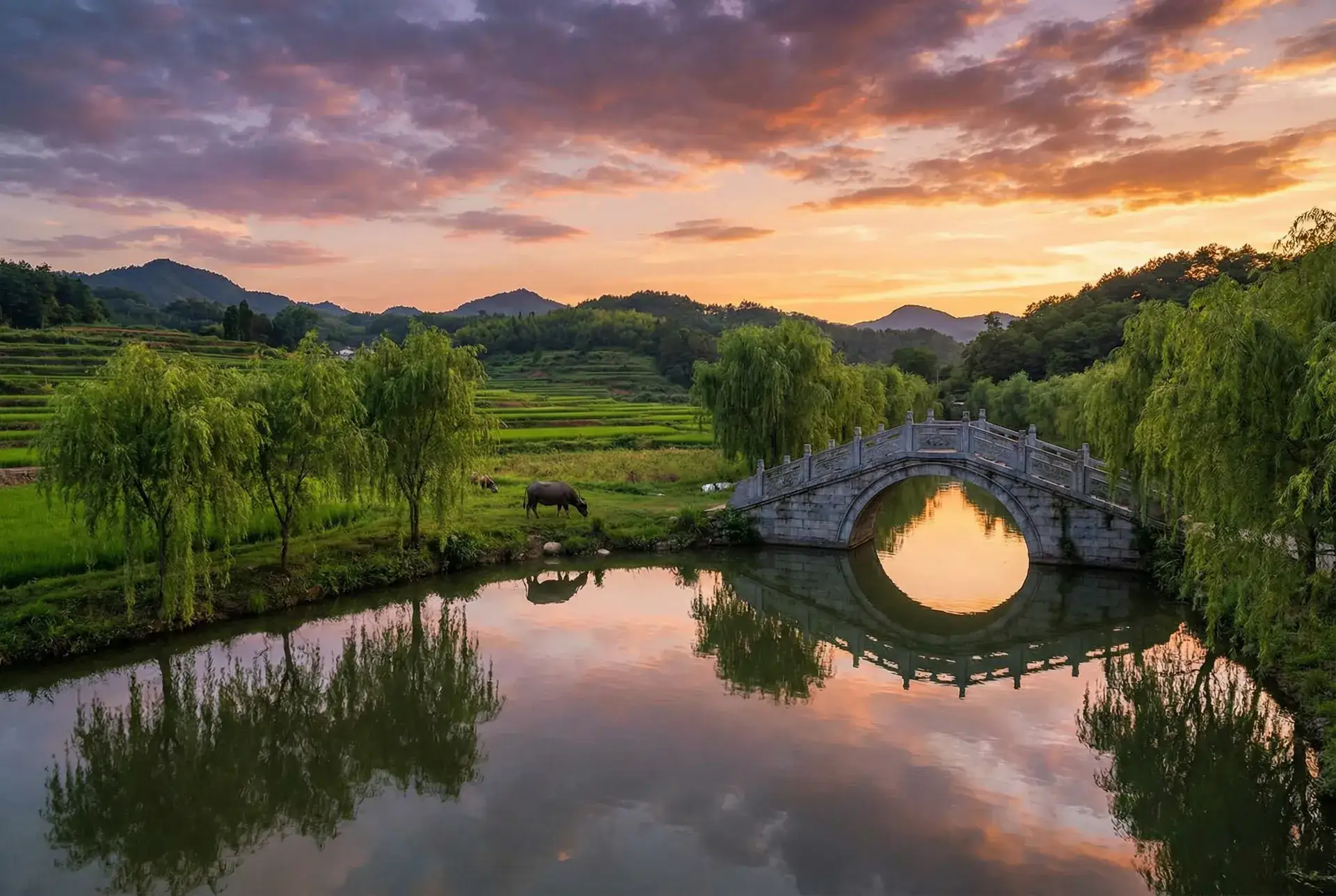夕阳下的石拱桥与垂柳，水牛在河边吃草 - 狼群在线观看免费完整版动漫视频 乡村美景